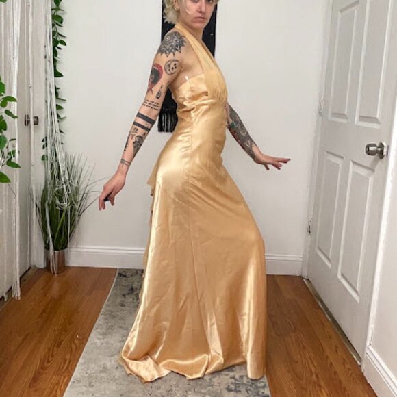 Y2K Vintage Rhinestone Satin Halter Prom Maxi Dress Sleeveless Size M Gold - Picture 12 of 14